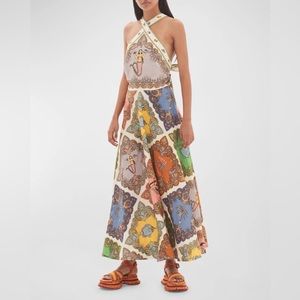 Alemais Trippy Troppo Tile-Print Linen Halter Midi Dress